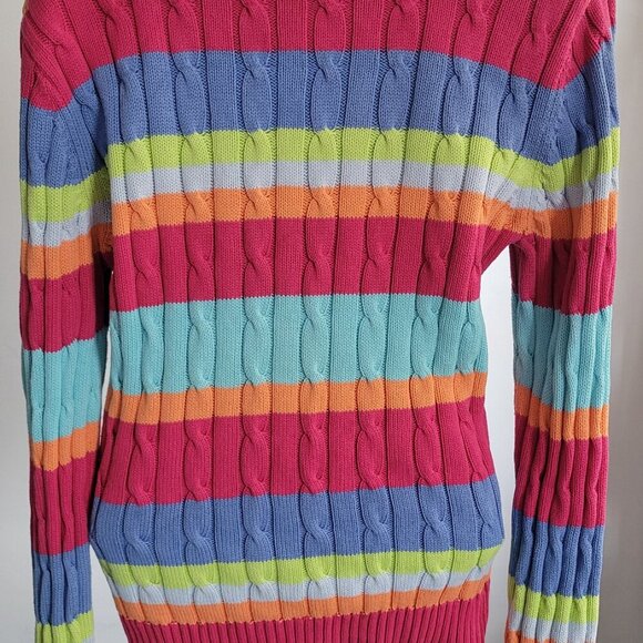 Chaps Cable Knit Striped Pastel Rainbow Cotton Sweater (Size: Large) - Picture 4 of 15